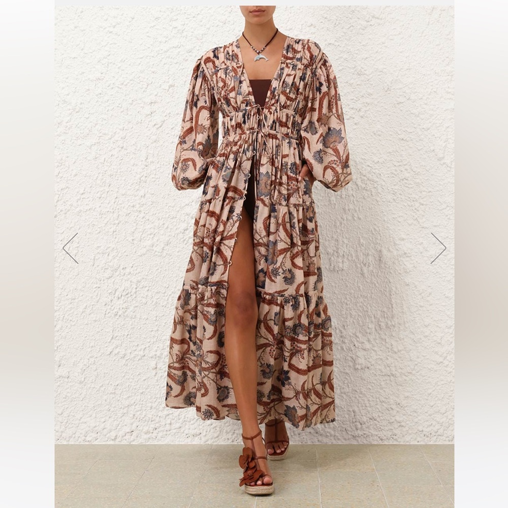 Zimmermann Ascention Tie Billow Long Sleeve Tiered MaxiDress Indienne Floral